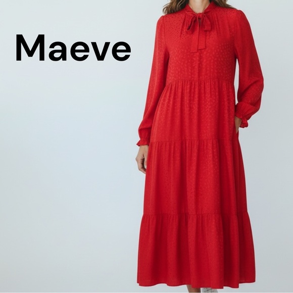 Anthropologie Dresses & Skirts - Maeve by Anthropologie Red Jacquard Tiered Maxi Dress Size S Long Sleeve Pockets